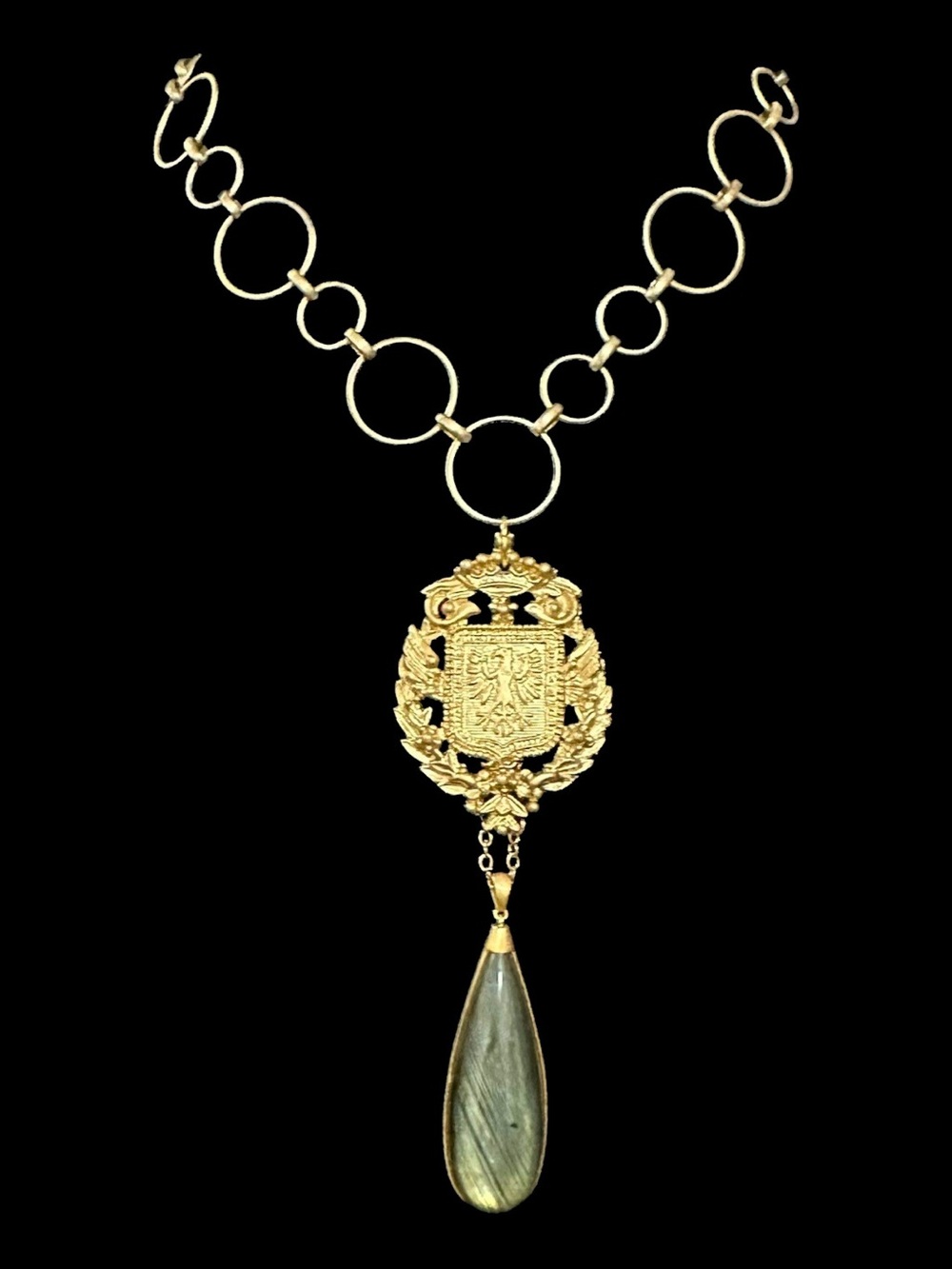 Gold Crest Pendant Necklace with Labradorite Teardrop